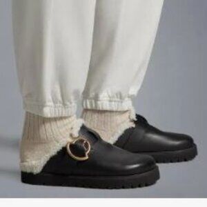 NWB Moncler Bell Mule Faux Shearling Lined Mules Flats Slip Ons Black Leather 41